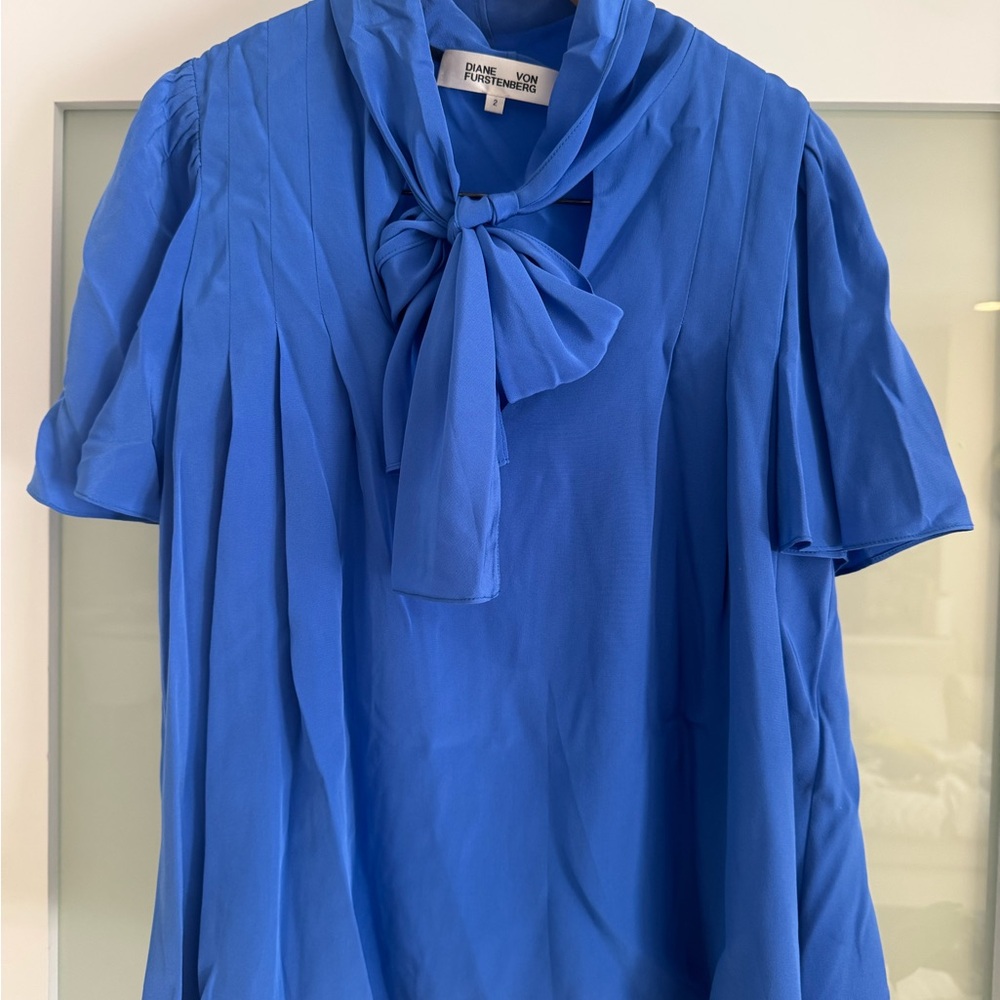 Diane Von Furstenberg Cobalt Blue Tie-Neck Pleated Silk Blouse
